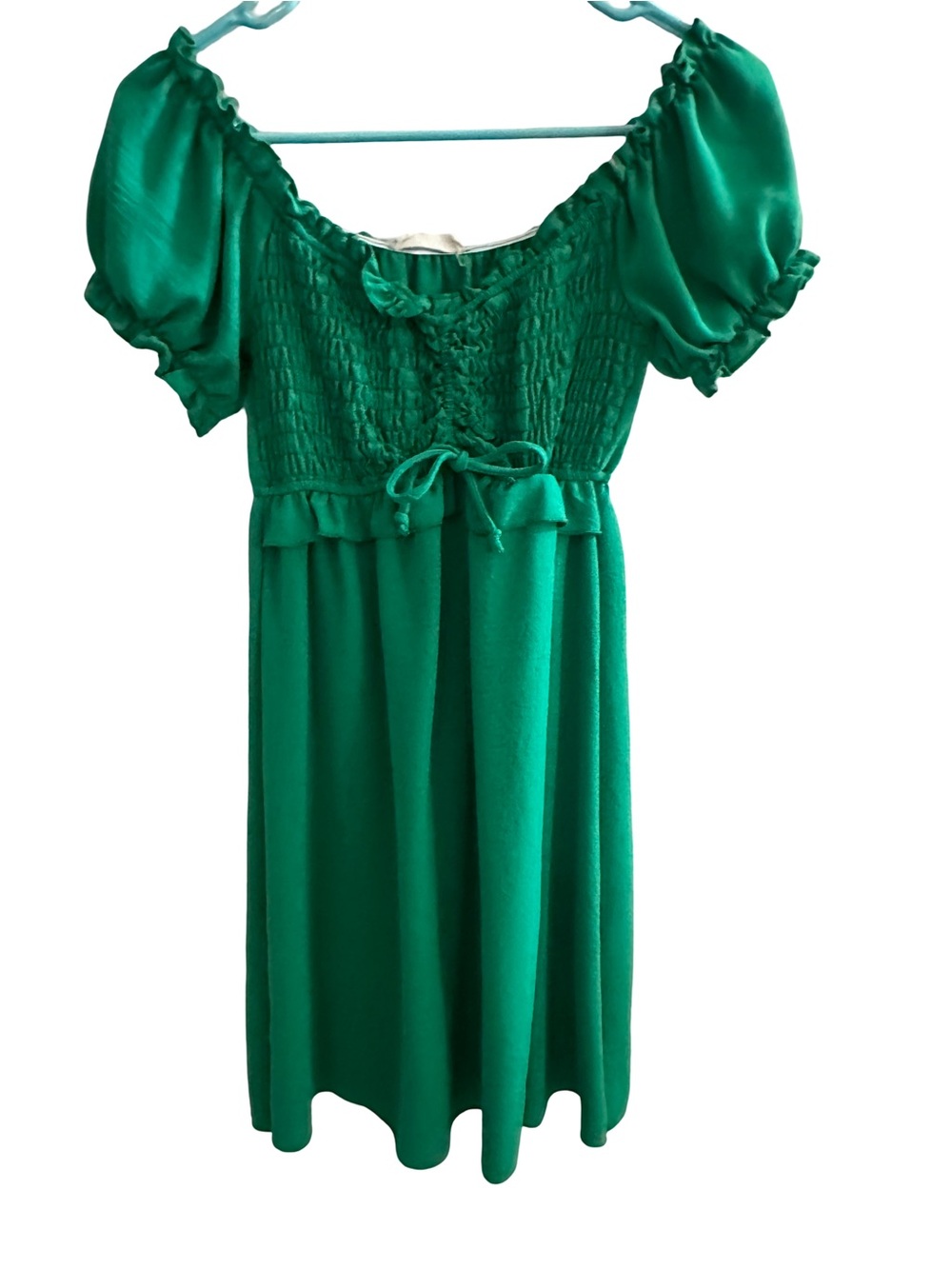 Green Off Shoulder Smocked Mini Dress